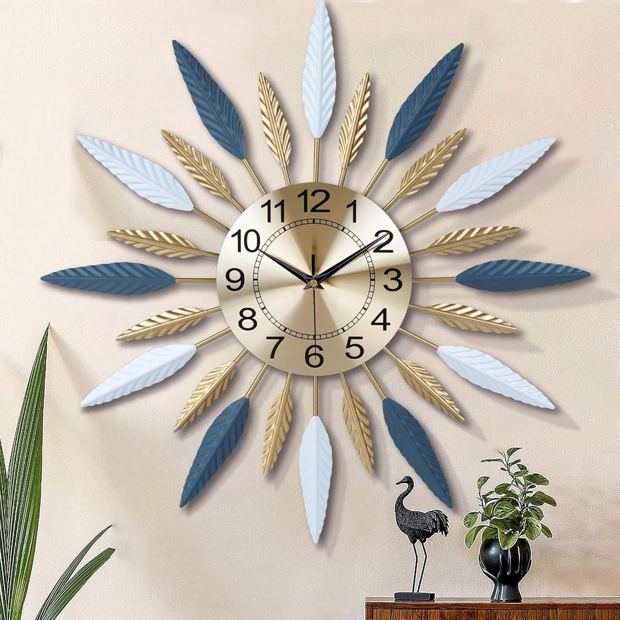 56cm Large Sunburst Wall Clock Blue Gold Metal Modern Silent Decorative Art