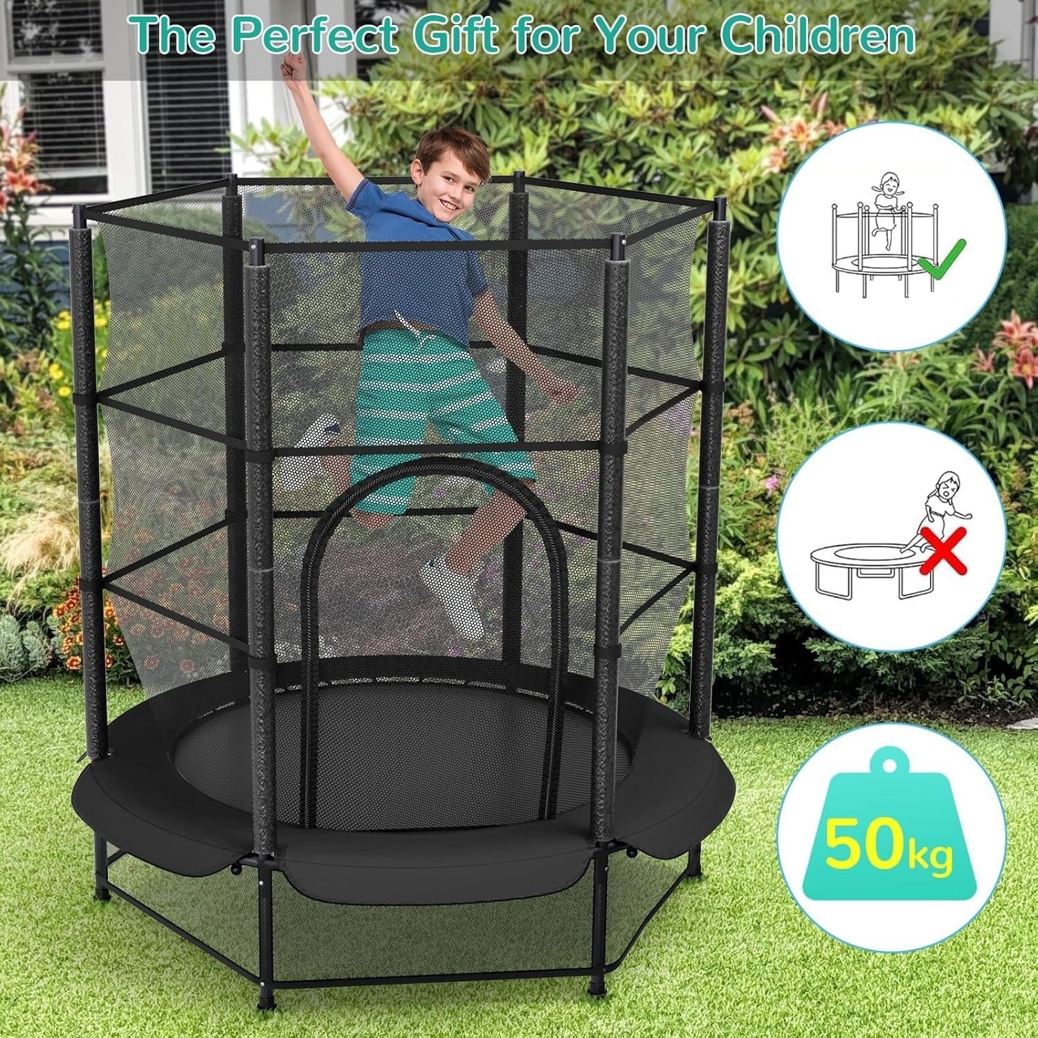 Kids 55” Indoor Outdoor Trampoline w Safety Net Floor Guard Ages 3–10