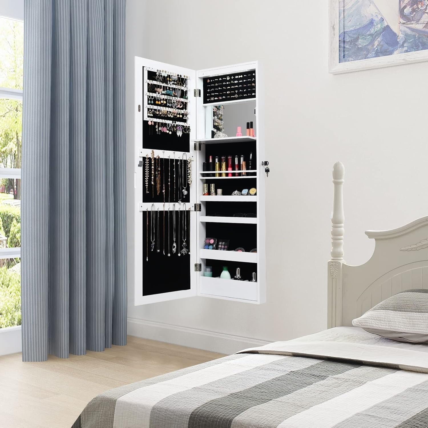 White LED Mirror Jewelry Cabinet Wall or Door Mount Lockable Storage