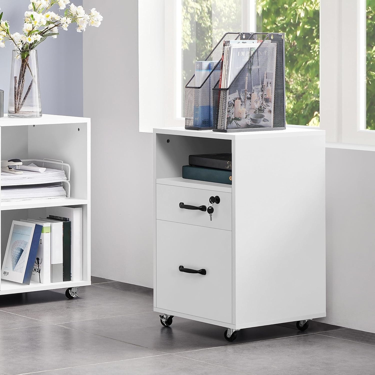 2pc White Rolling File Cabinets A4 Letter Drawers Printer Stand