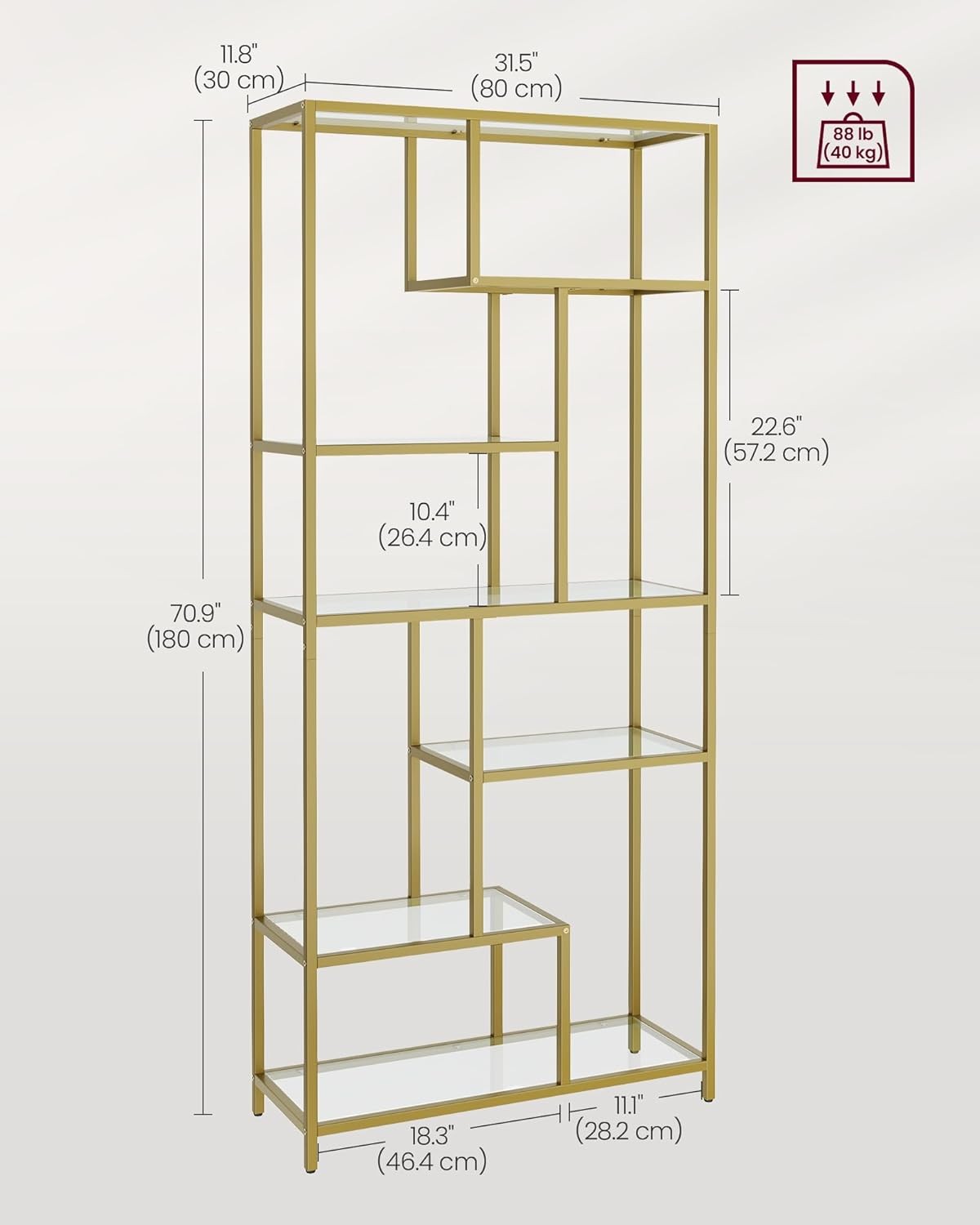 6-Tier Gold Glass Bookcase | Modern Display Shelf Unit for Living Room Office