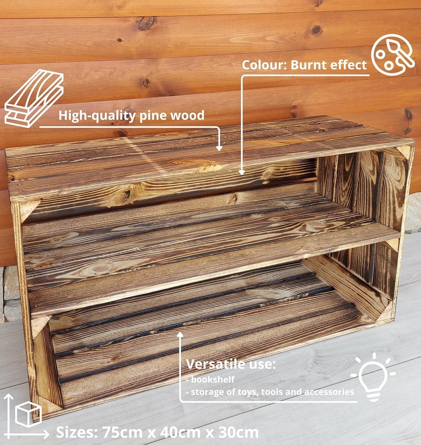 2 x Burnt Effect Wooden Crate with 1-Tier Shelf 40x30x75cm Rustic