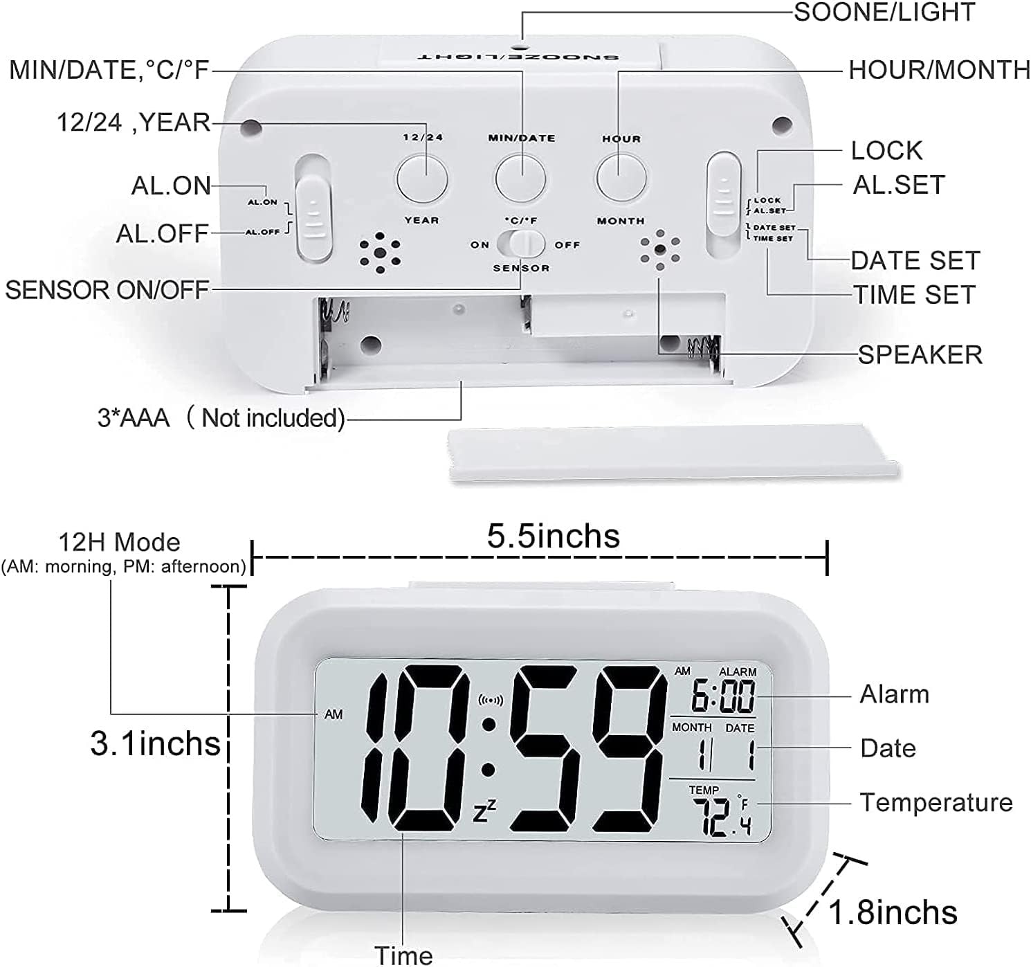 Large LCD Alarm Clock Battery Operated 12/24H Snooze Bedroom Travel Desk