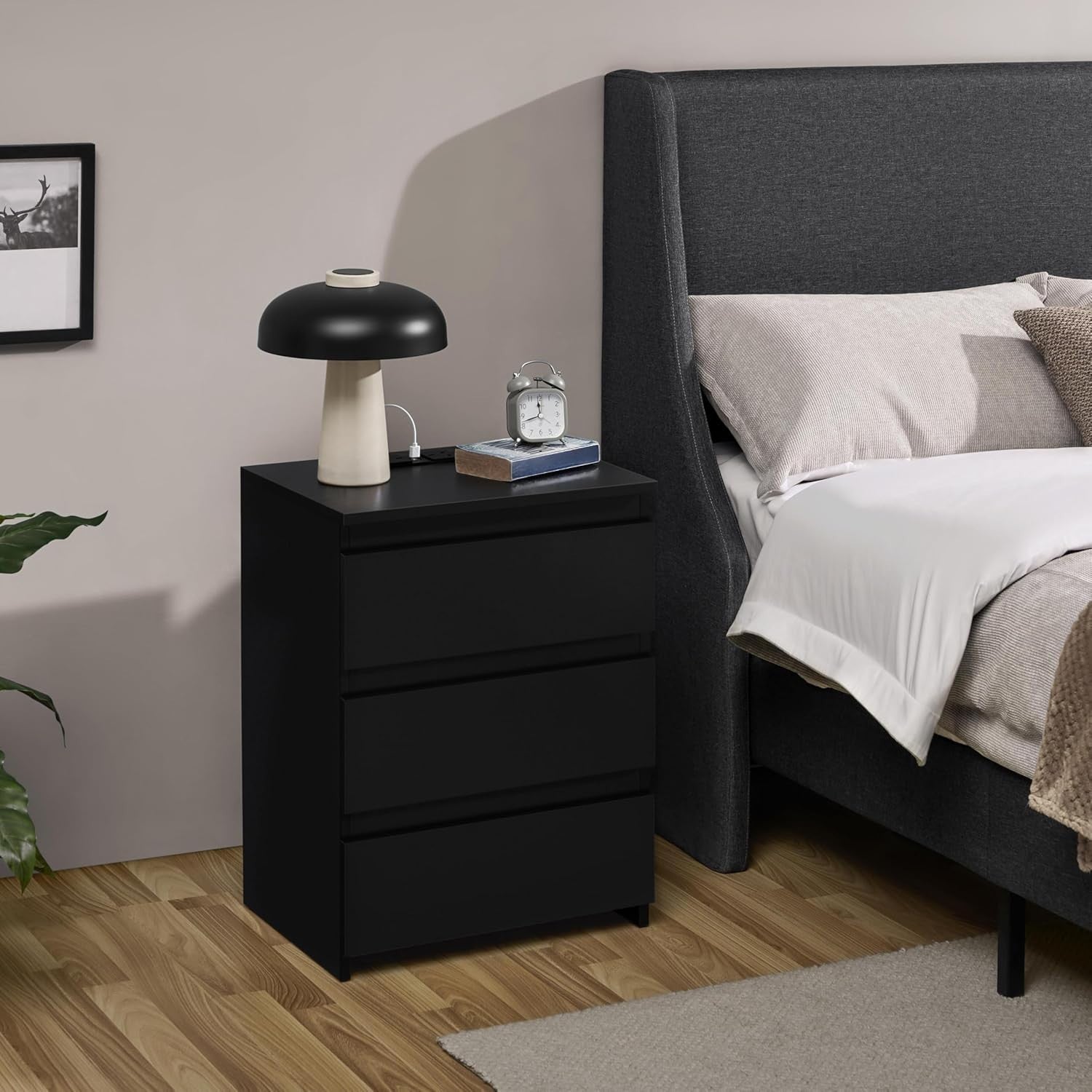 Set of 2 Black Bedside Tables with USB Charging Ports | Modern 3 Drawer