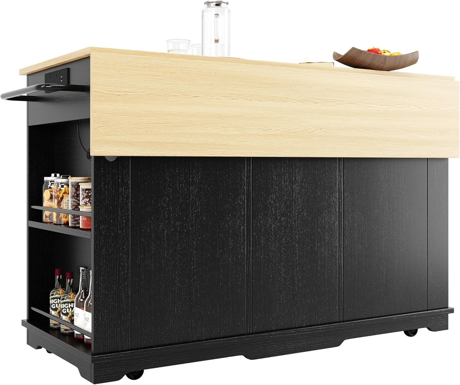 Kitchen Island Trolley with Drawers, Wine Rack & Power Strip, 151.5x59.7x91.7cm