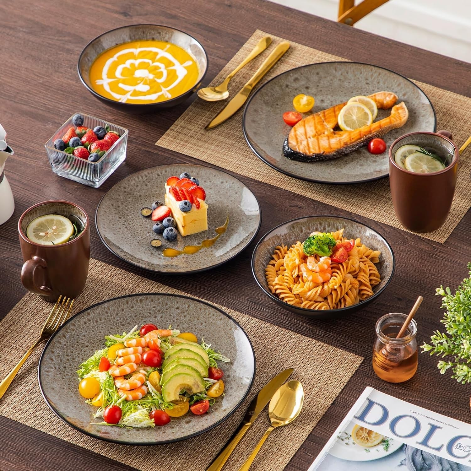 16pc Reactive Glaze Dinnerware Set Brown Plates Bowls Mugs Stoneware