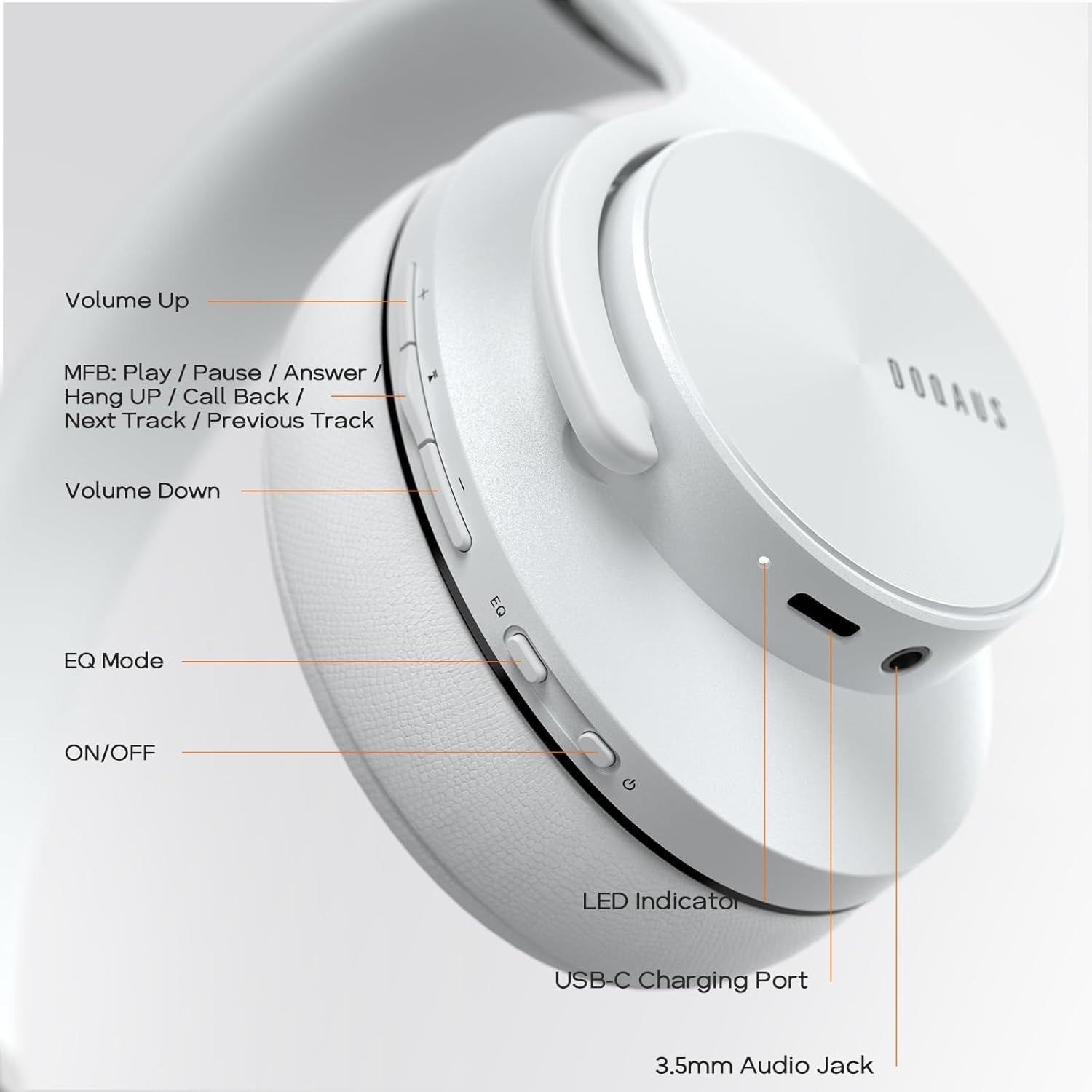 White Bluetooth 5.3 Headphones Over Ear 90H Playtime 3 EQ Hi-Fi Sound