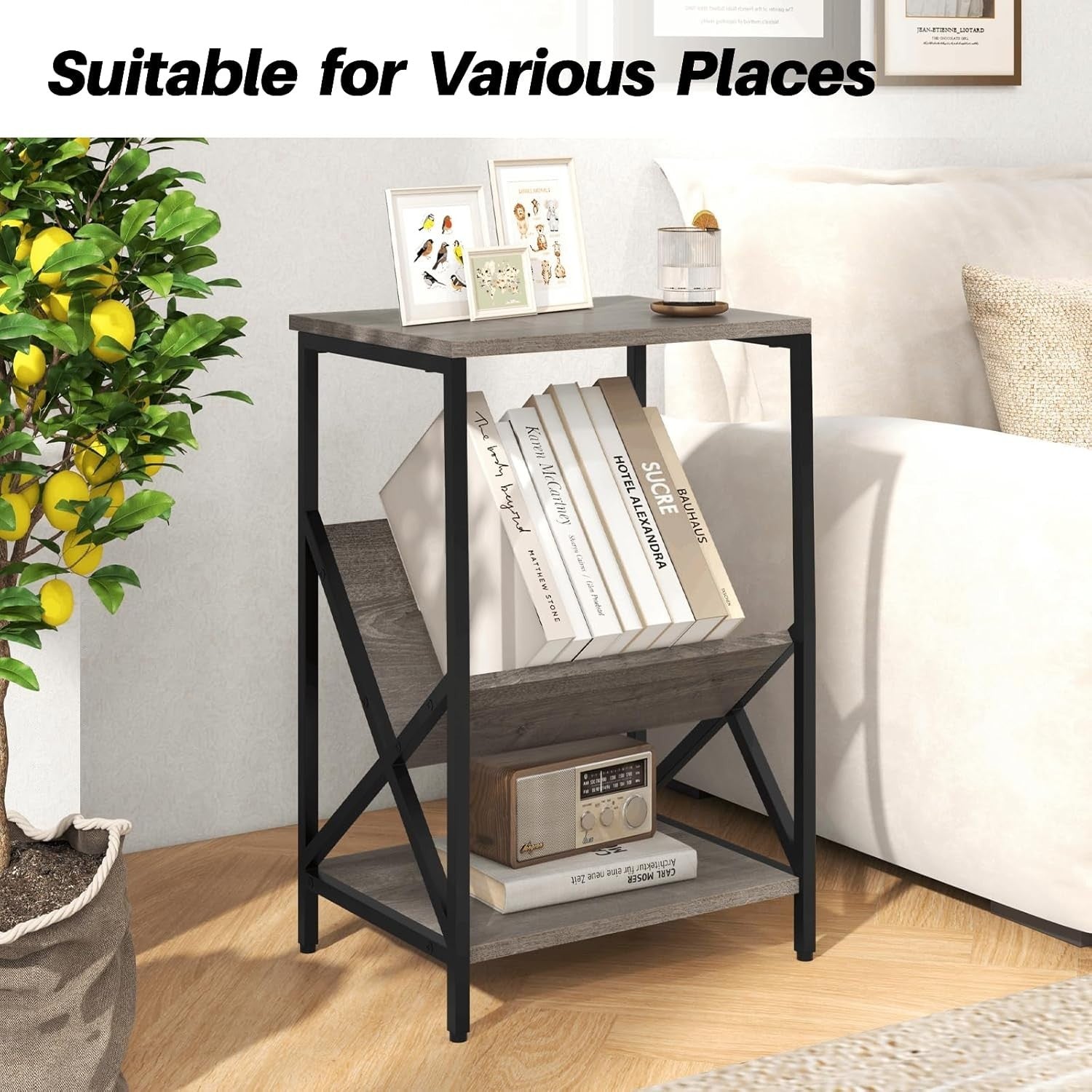 3-Tier Industrial Sofa Side Table with V-Shaped Magazine Holder & Storage