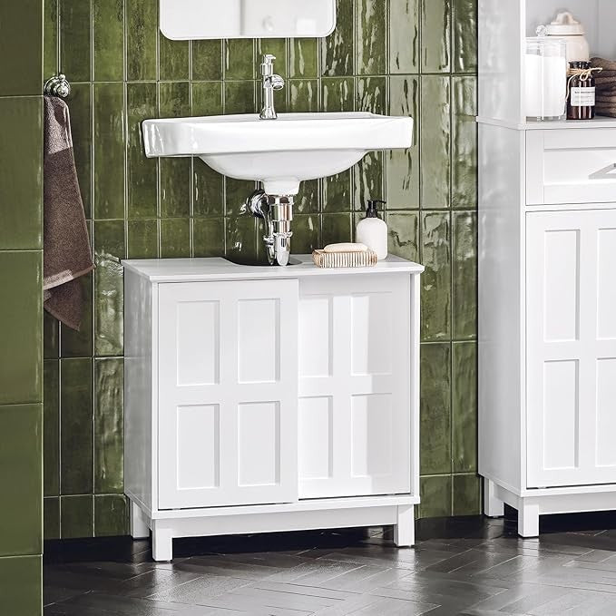 White Under Sink Bathroom Cabinet 60cm Vanity Unit with Sliding Doors Storage