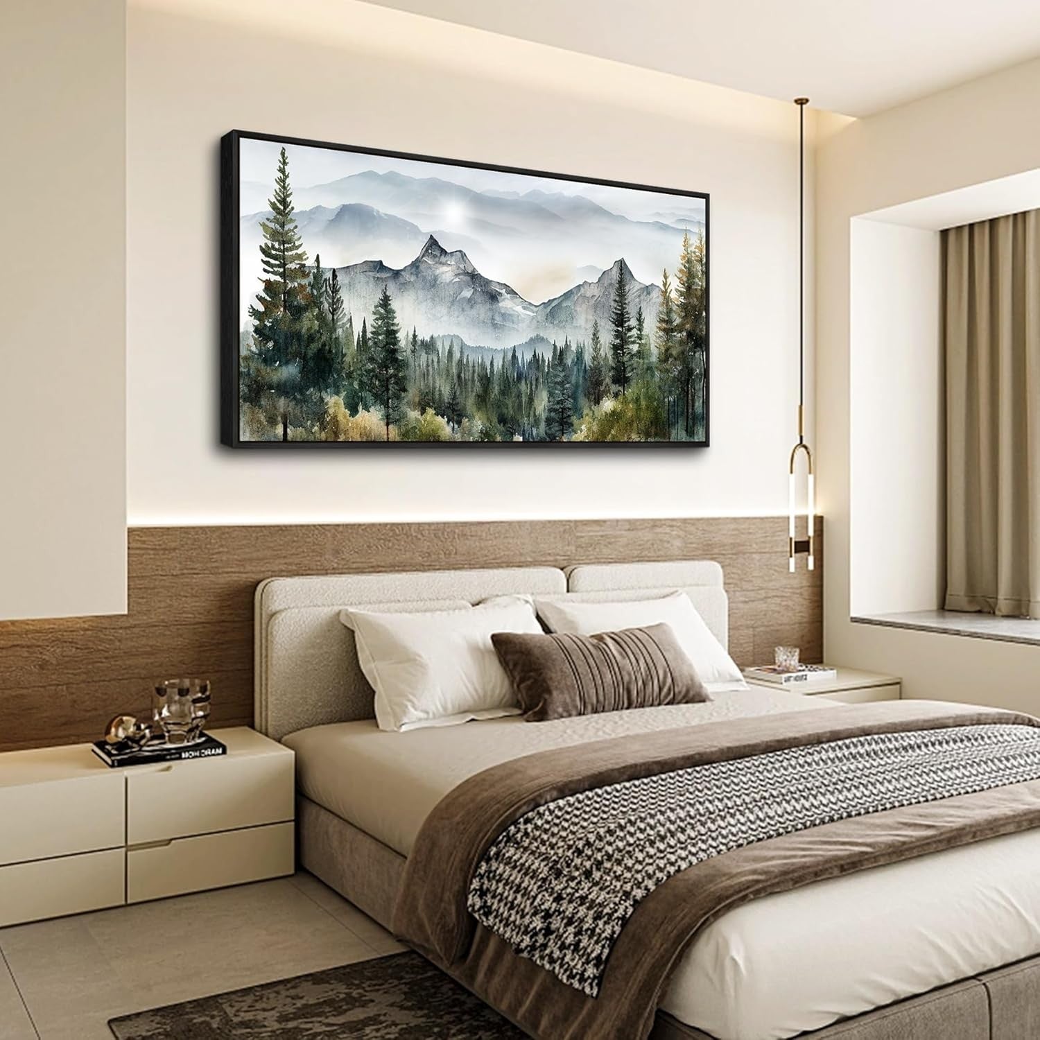 Large Black Framed Mountain Canvas Wall Art – Foggy Forest Landscape Decor