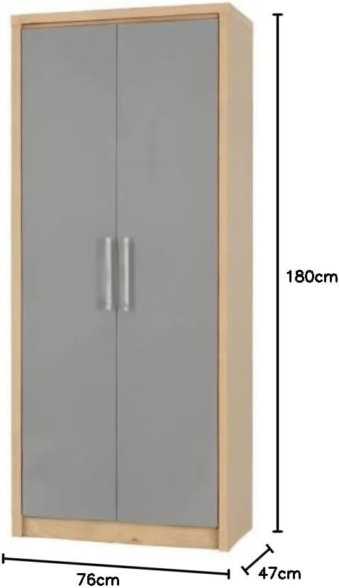 Grey Gloss 2 Door Wardrobe with Light Oak Frame – Compact Bedroom Storage