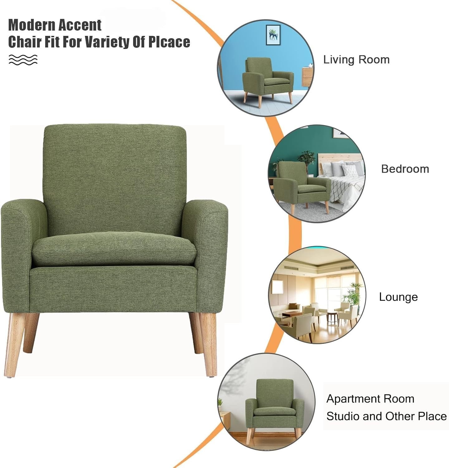 Green Lounge Armchair Upholstered with Wood Legs for Living Room Bedroom