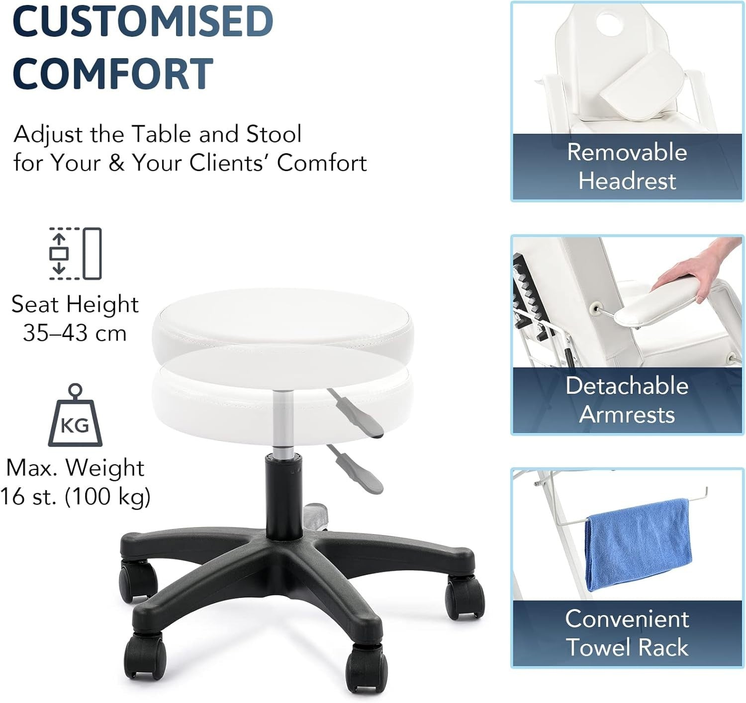 Adjustable 3-Section Beauty Massage Bed Steel Frame w/ Headrest Stool White