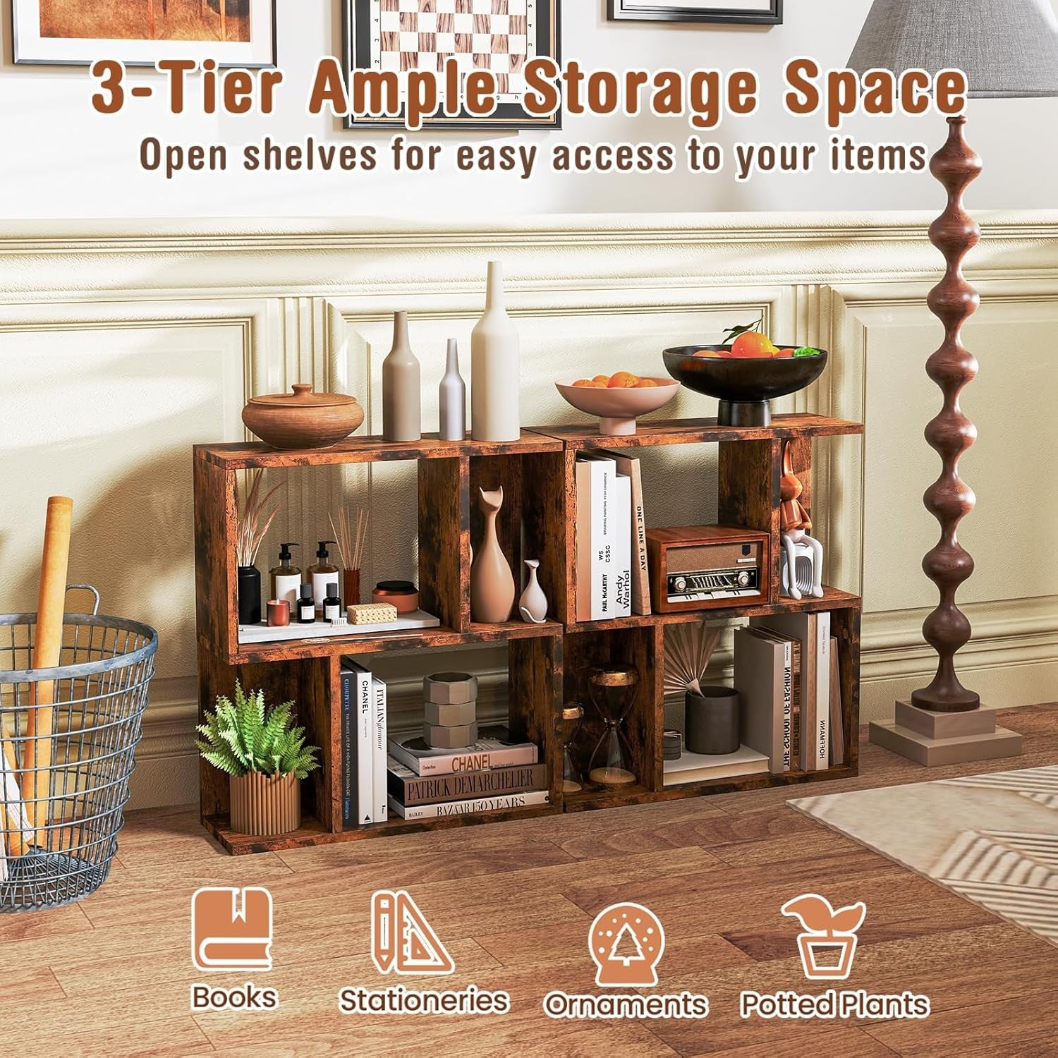 Rustic Brown 3 Tier S-Shaped Bookcase Small Freestanding Display Shelf 50×18×56