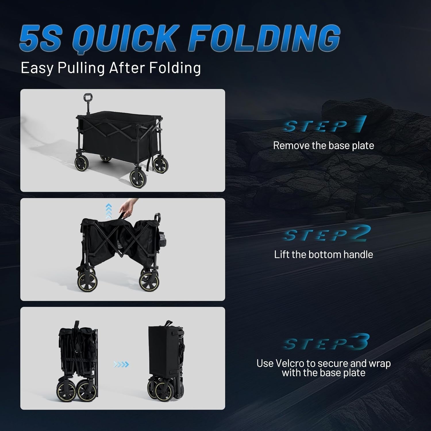 Black 200L Foldable Camping Trolley 100kg Heavy Duty Outdoor Wagon with Handle