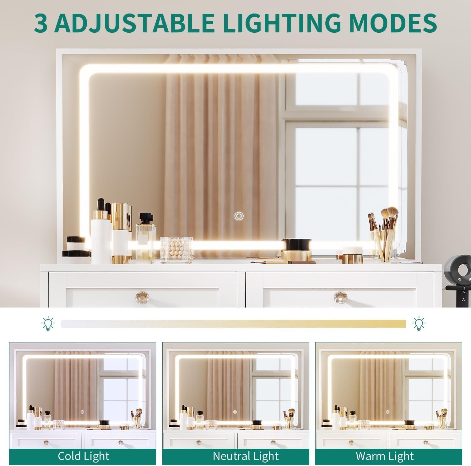 Dressing Table Vanity Set Mirror Lights Desk 2 Drawers Charging Hub S