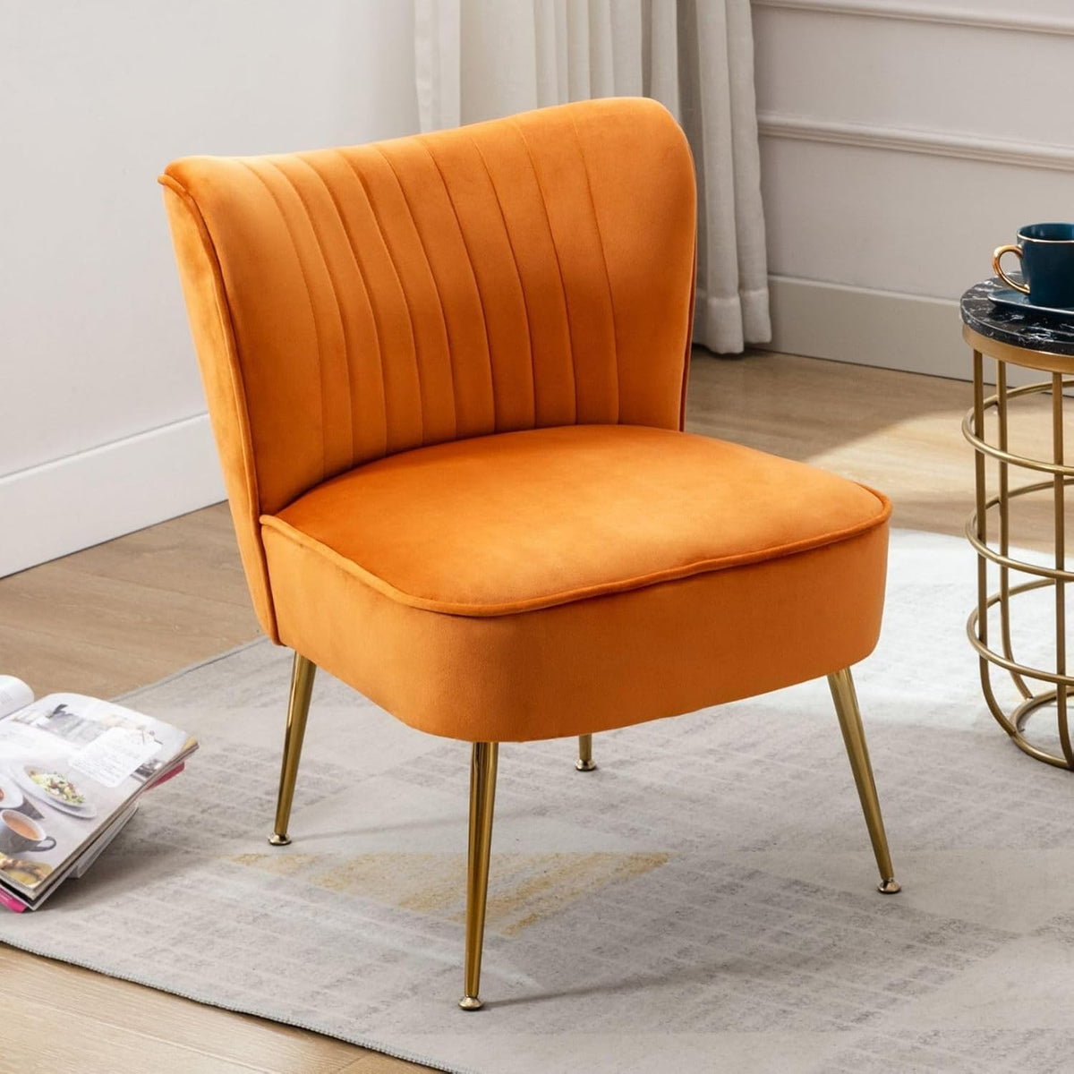 Orange Velvet Accent Tub Chair Gold Legs Modern Armchair