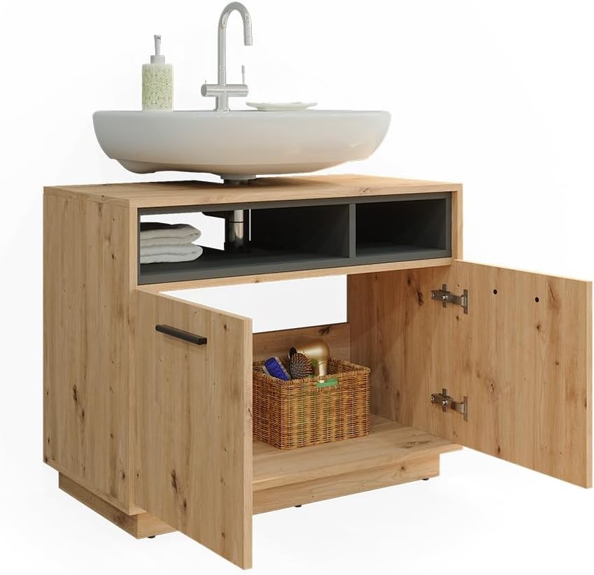 Oak Bathroom Sink Cabinet Vanity Storage Unit with Shelves 80x64cm Modern