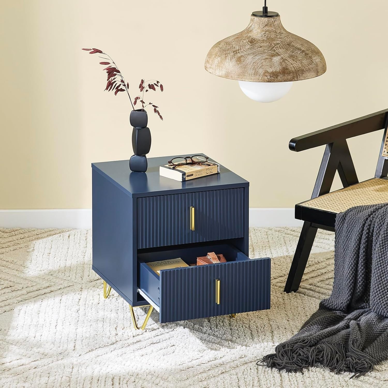 Blue Bedside Table with 2 Drawers & Gold Legs – Modern Nightstand