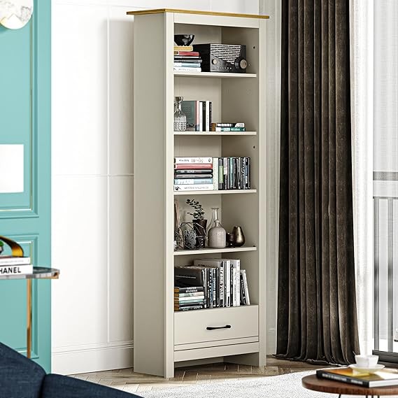 5-Tier Tall Bookcase with Drawer Light Grey Wooden Storage Shelf Unit