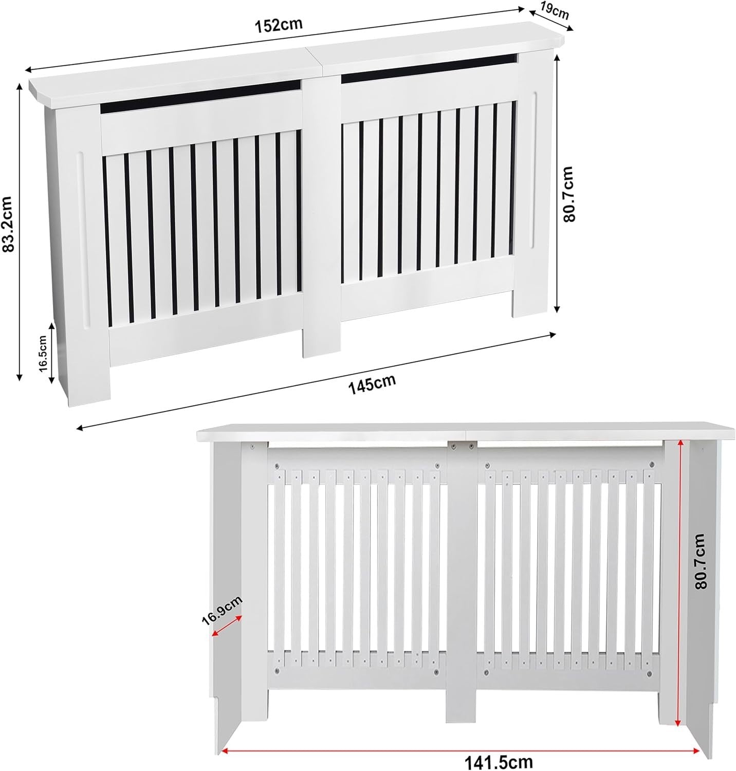 Large White Radiator Cover | Modern MDF Slatted Heater Cabinet with Shelf