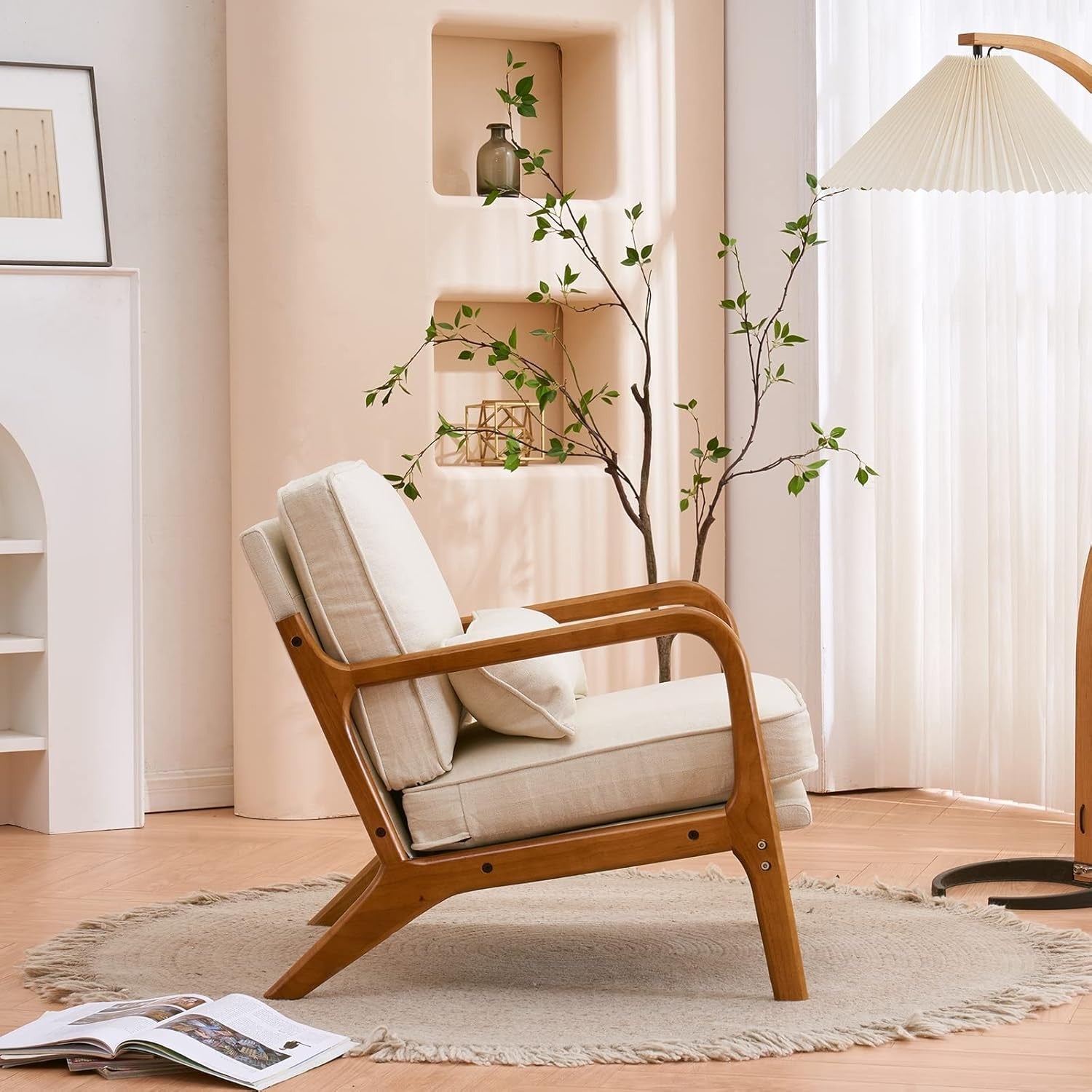 Beige Fabric Accent Armchair Solid Wood Lounge Chair w Cushion