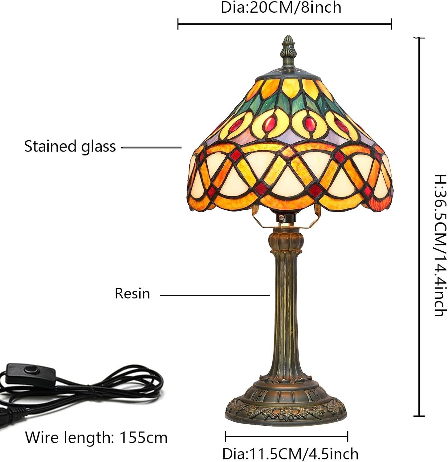 Vintage Stained Glass Peacock Table Lamp | Handmade Reading Light 14”H