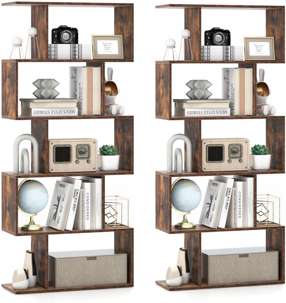 Rustic Brown S-Shaped 5/6 Tier Bookcase Modern Display Shelf Freestanding Unit