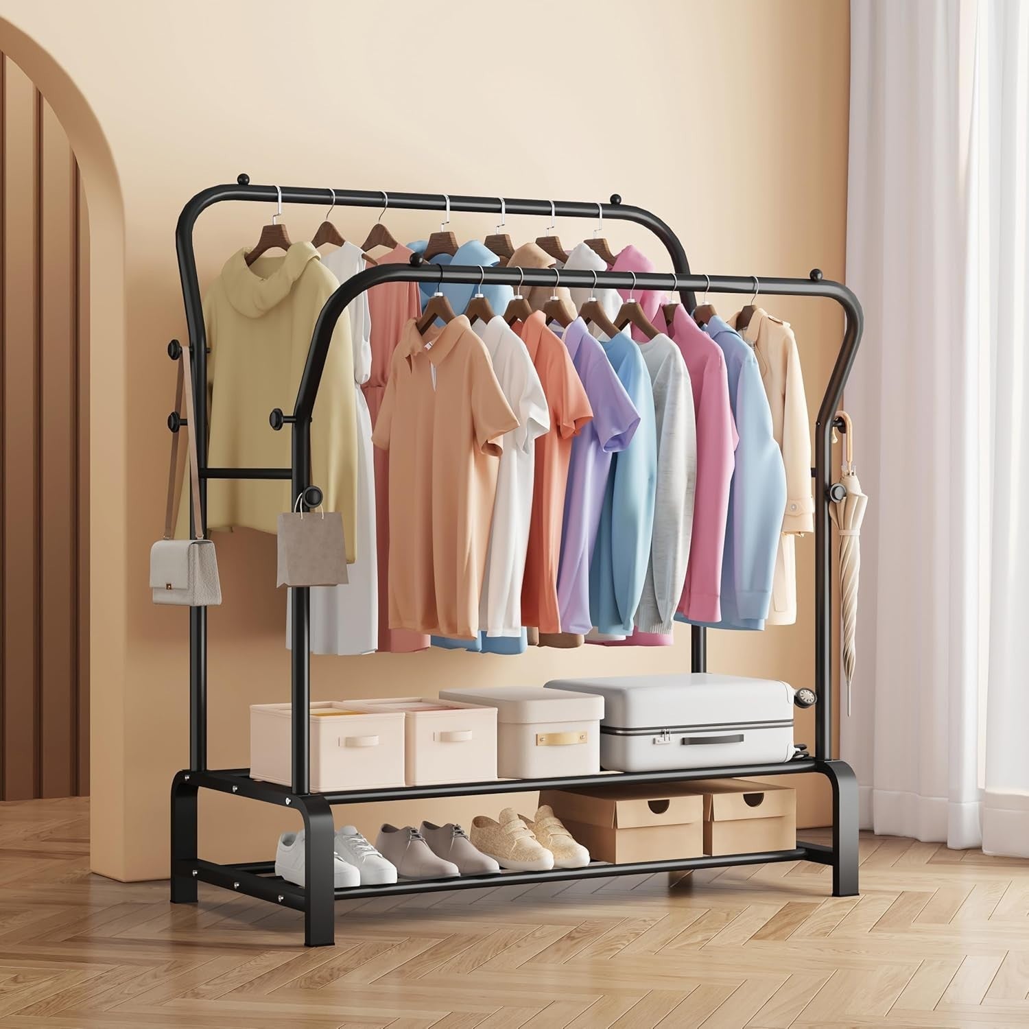 Heavy Duty Double Clothes Rail with Shelf & Hooks – Black