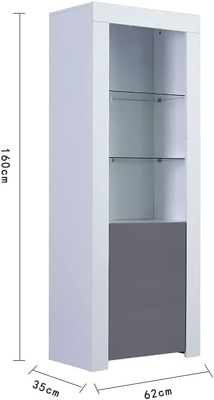 Tall LED Display Cabinet Grey High Gloss Glass Shelves Modern Showcase Cupboard