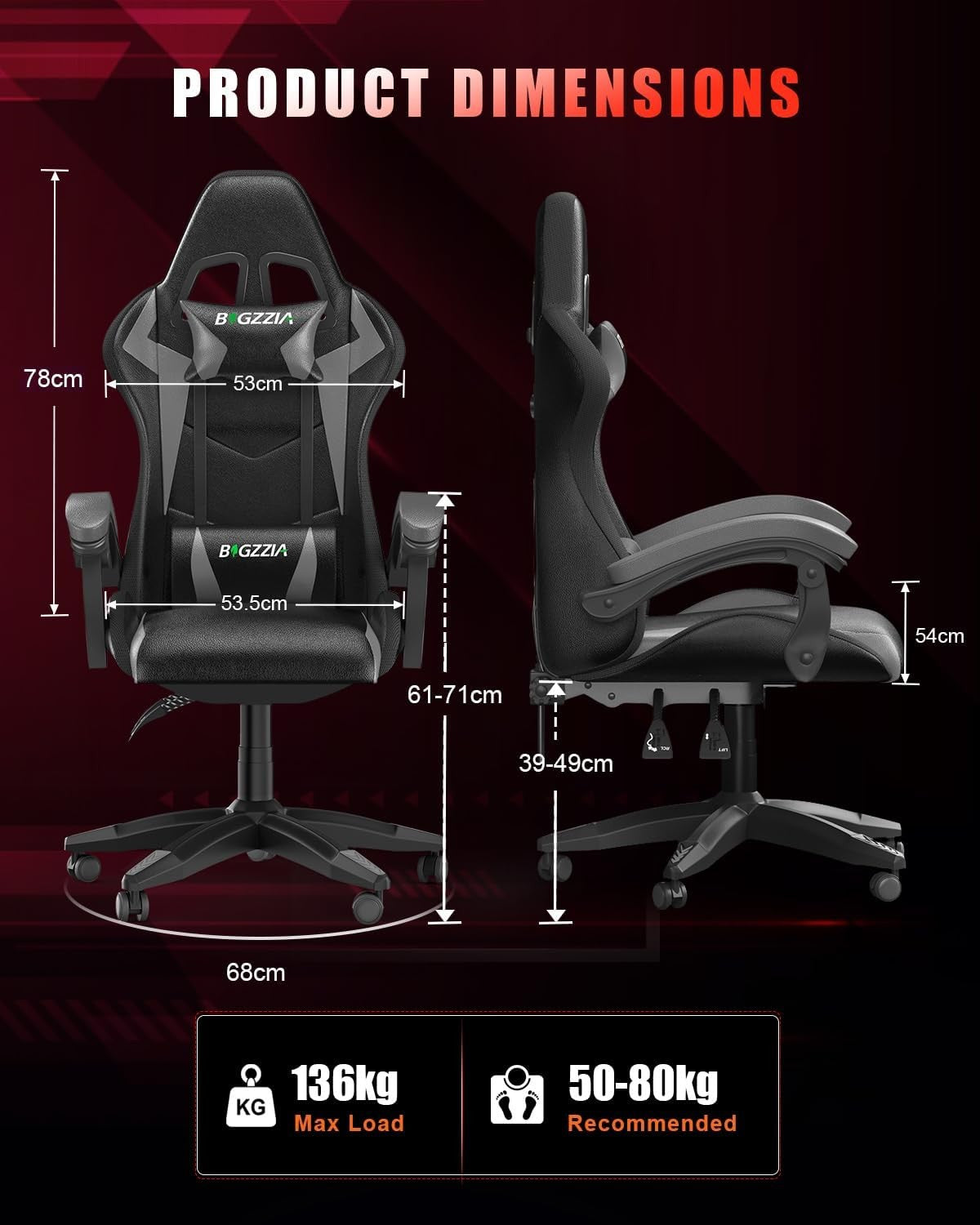 Ergonomic LED Gaming Chair with Footrest & Lumbar Support – Gray High-Back