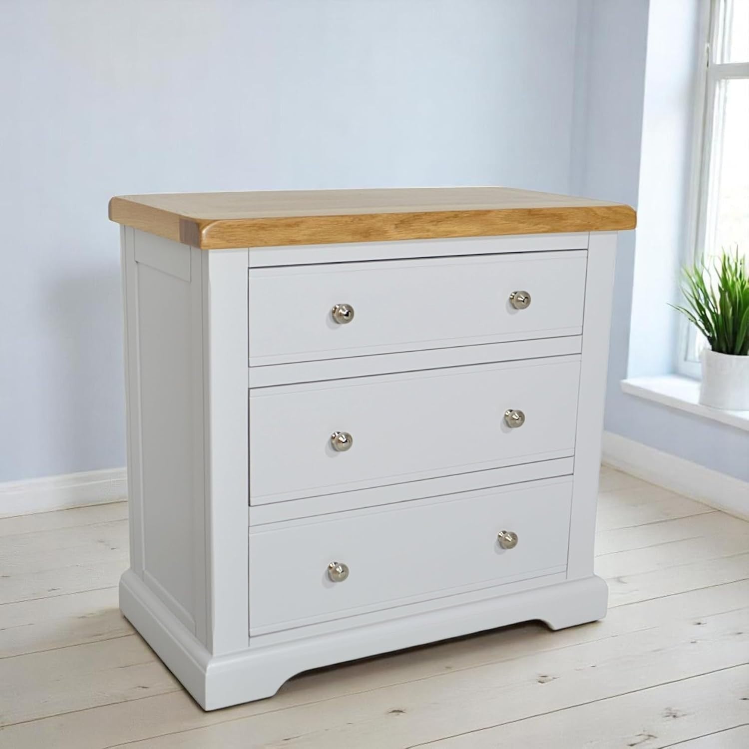 Grey 3 Drawer Chest Oak Top – Small Bedroom Storage Unit Ready Built
