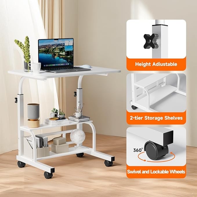 Mobile Laptop Desk on Wheels Height Adjustable Storage Shelves 60x40cm White