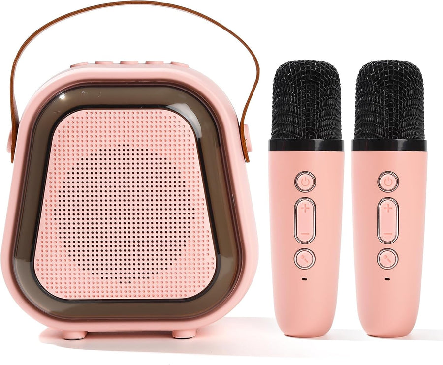 Pink Karaoke Machine 2 Microphones Bluetooth LED Speaker