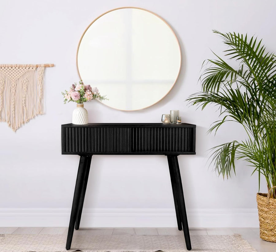 Slim Black Console Table with Fluted Drawer, Narrow Entryway Desk