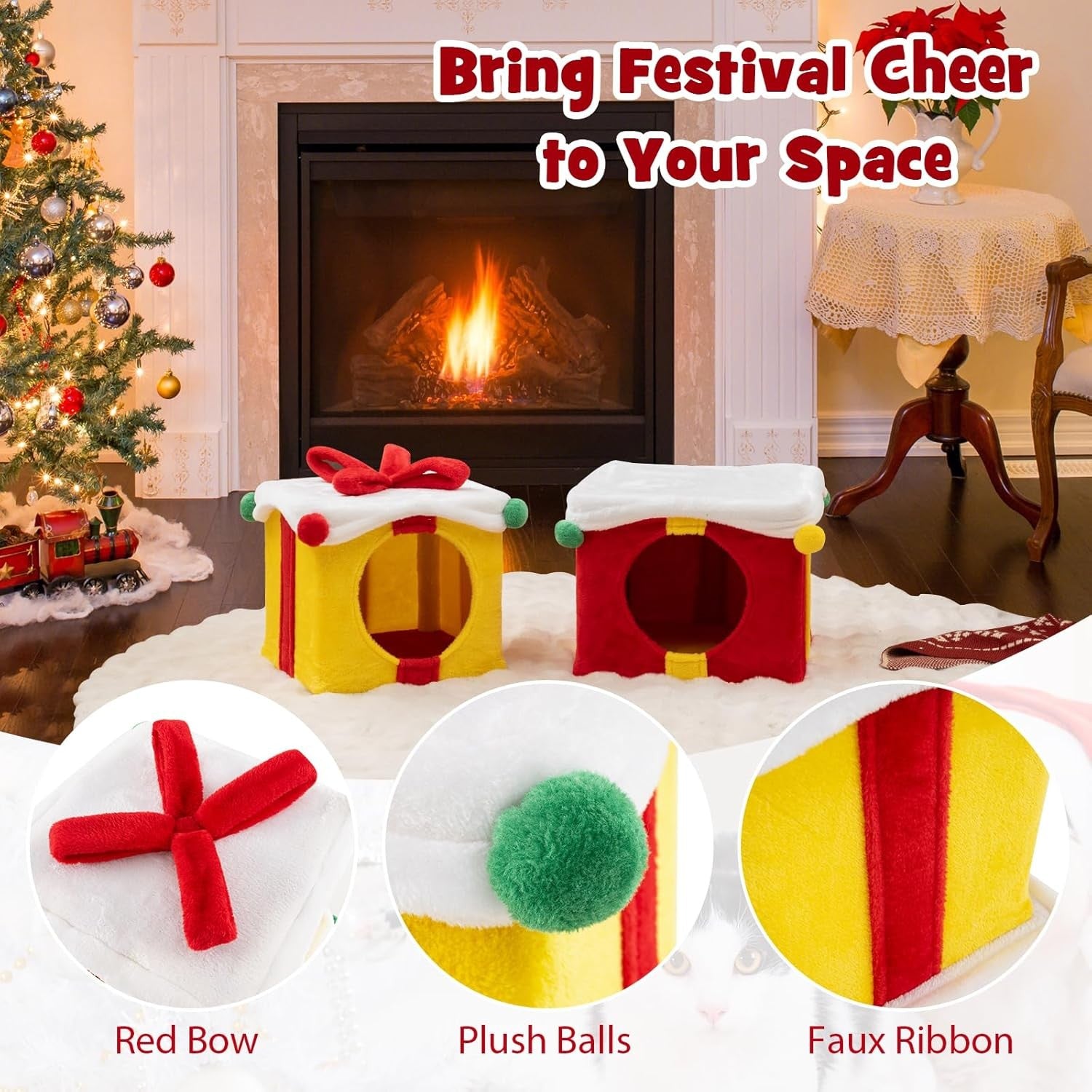 Double Cat House Condo Red Yellow White Stackable Plush Indoor Cat Hideaway