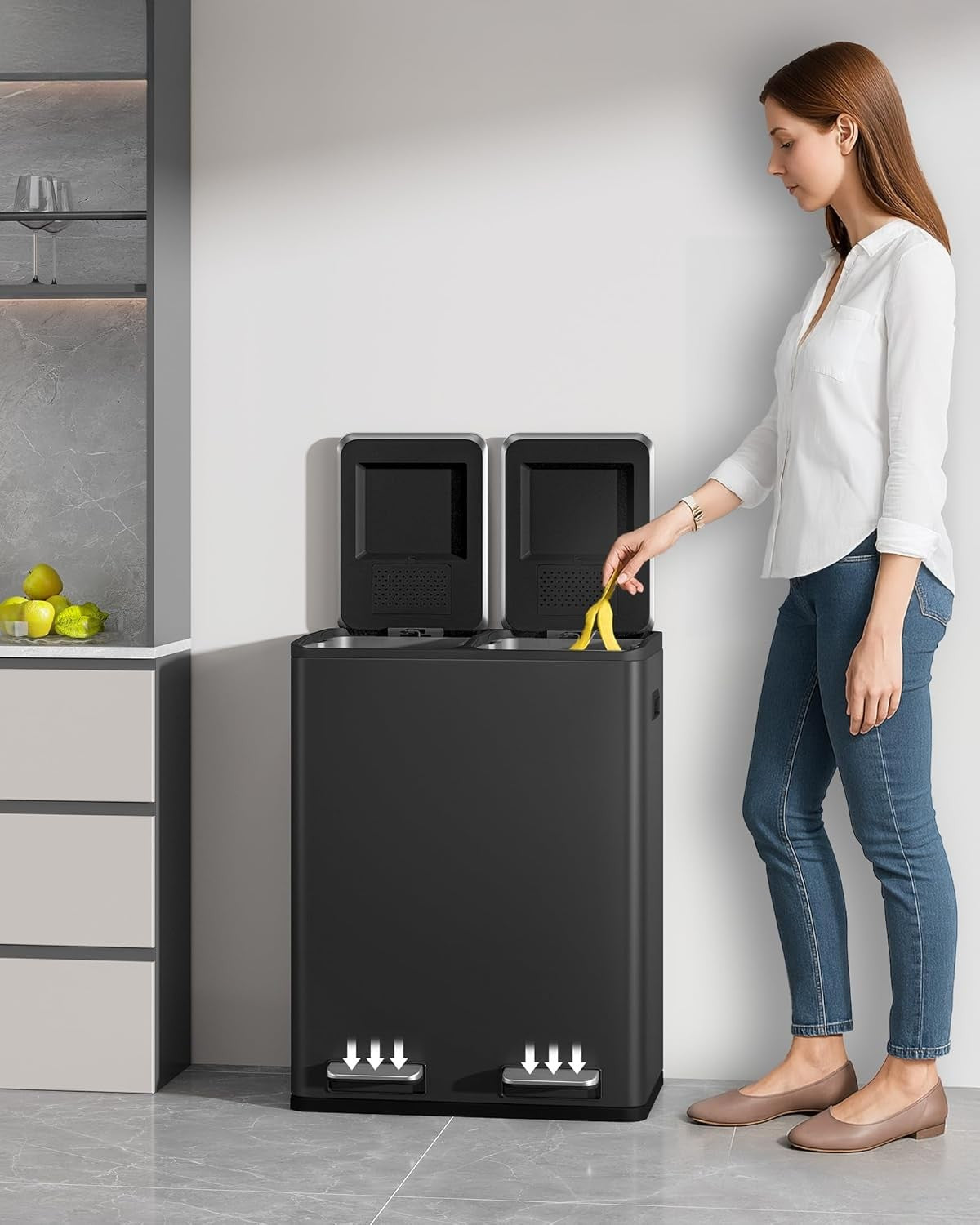 60L Double Kitchen Recycling Bin | 2 x 30L Stainless Steel Pedal Bin Black