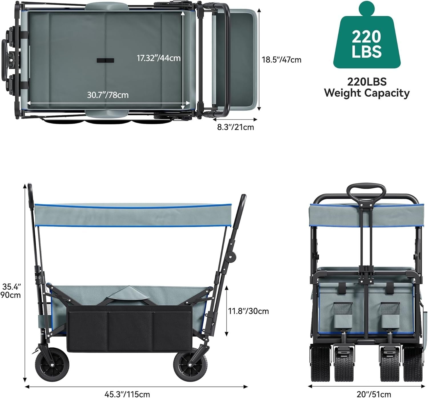 Grey Folding Beach Wagon Cart w/ Canopy Push Pull Large 220lb Capacity