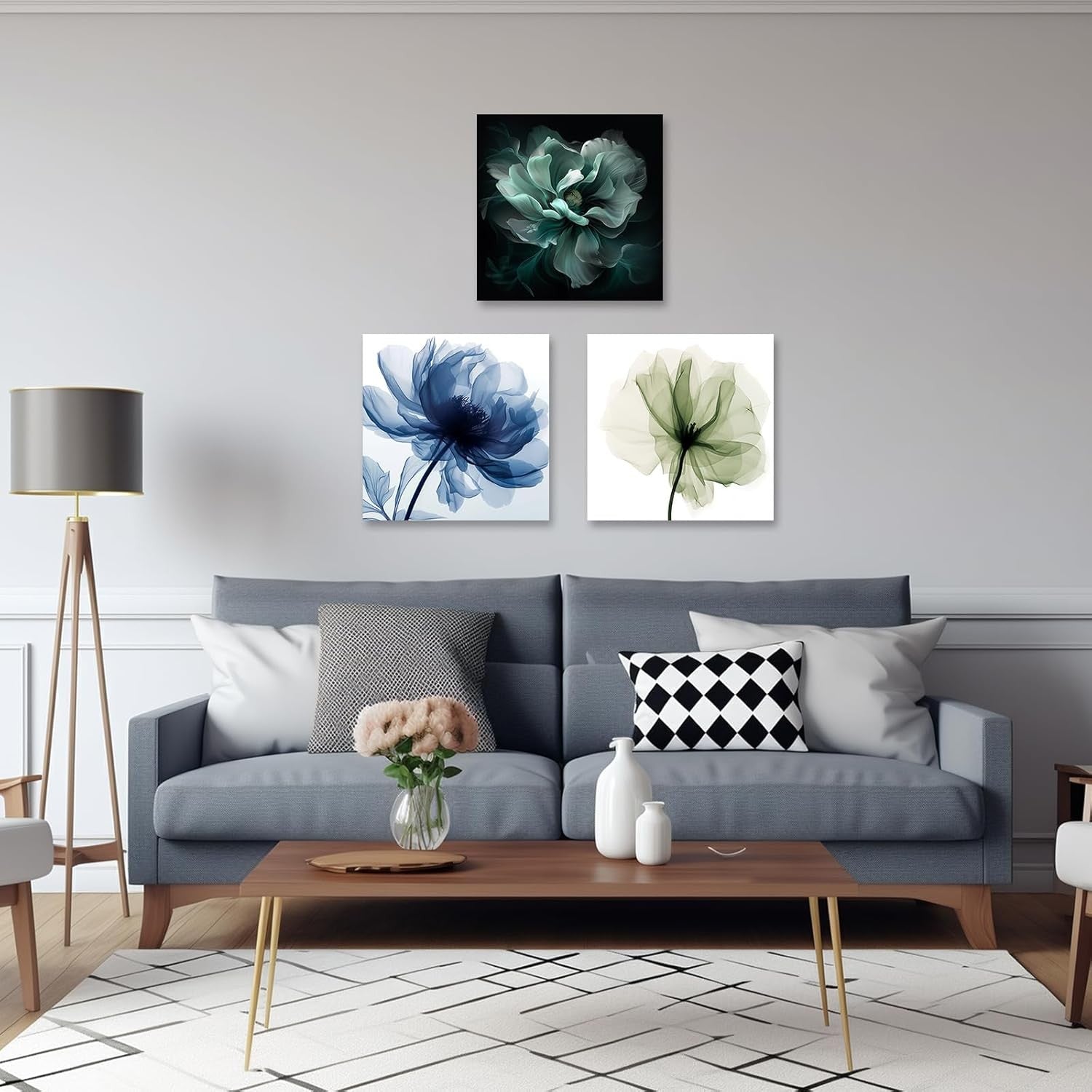 Green Floral Canvas Wall Art Abstract Flower Framed Modern Bedroom Decor