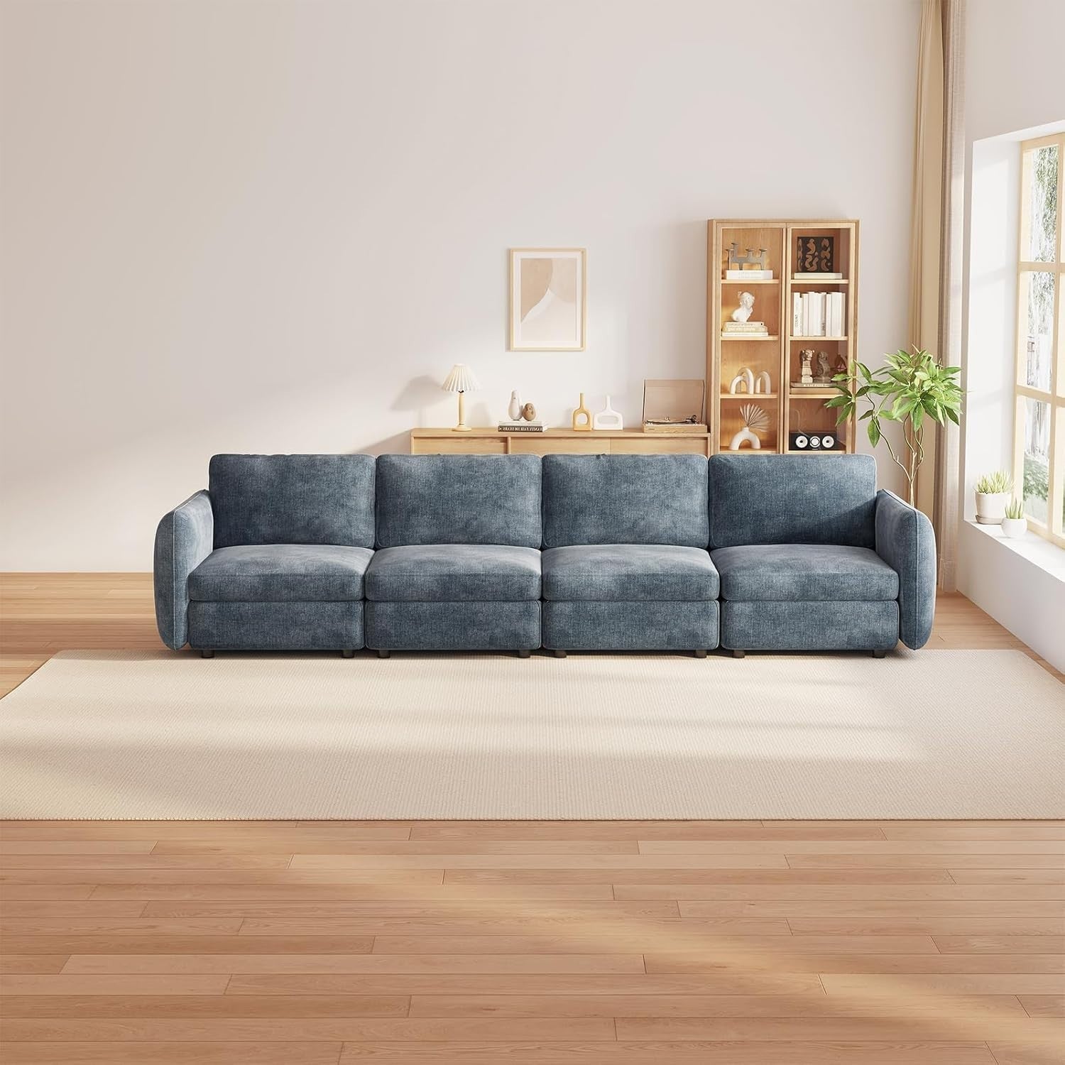 Modern 4-Seater Modular Sectional Sofa Light Blue Velvet with Removable Covers
