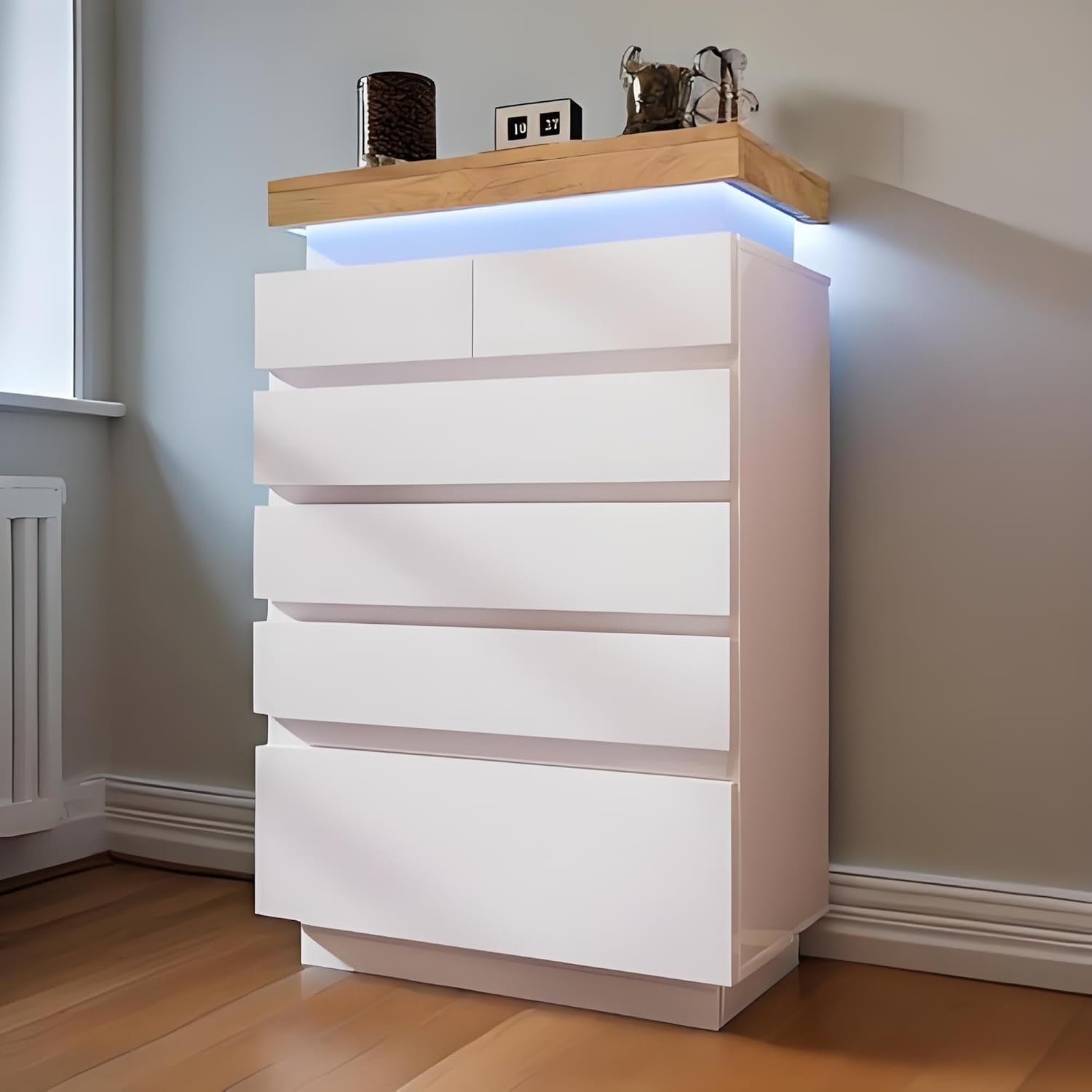 White Gloss Sideboard LED Chest Cabinet 6 Drawer Unit Storage Modern**