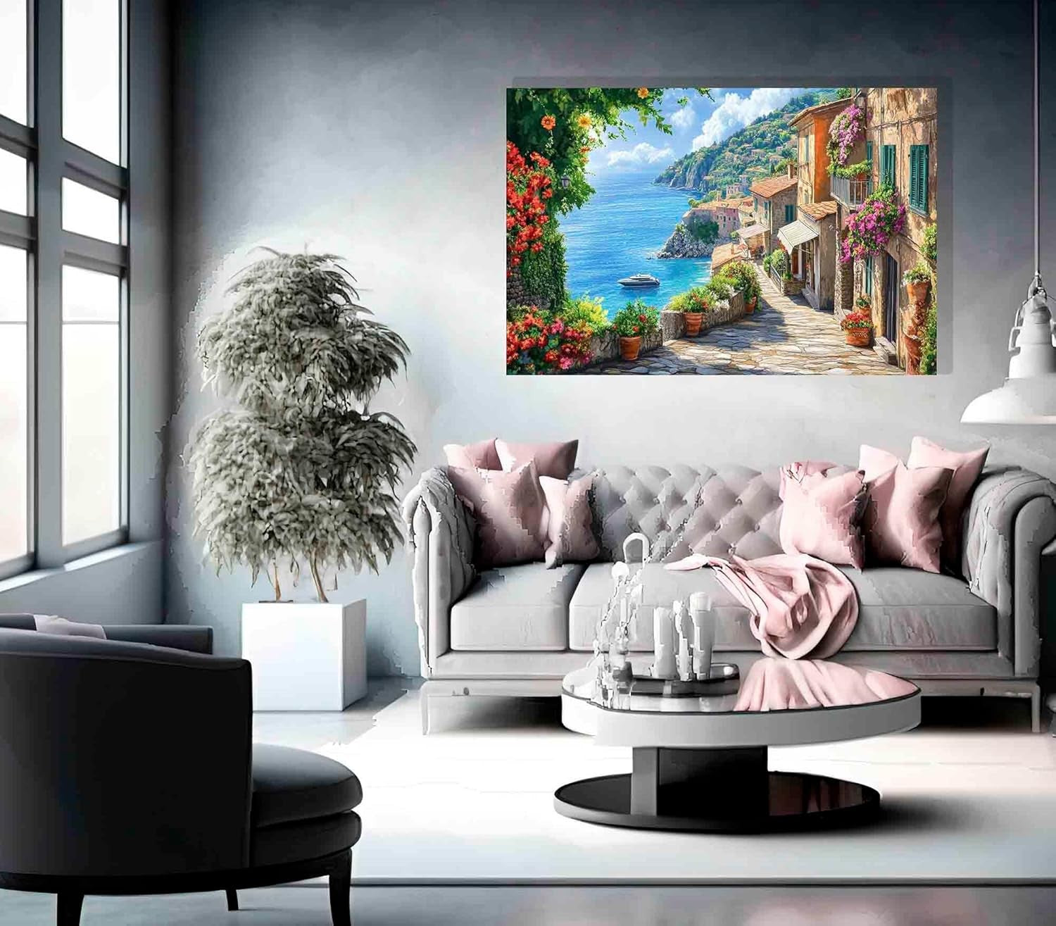 Mediterranean Seascape Canvas Wall Art Coastal Village Ocean View Print 24x16