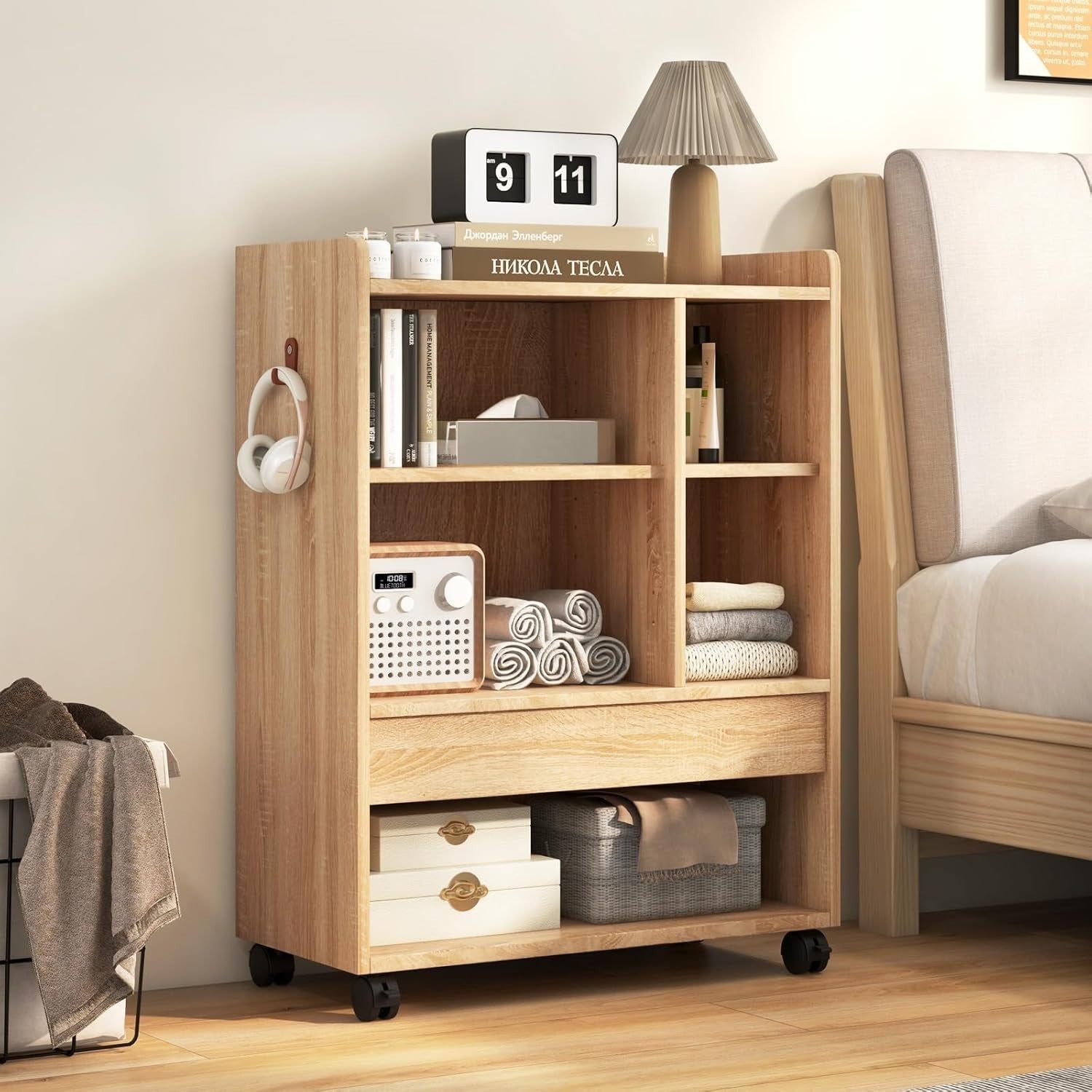 Mobile Bedside Table with Drawer & Shelves | Natural Wood Side Table on Wheels