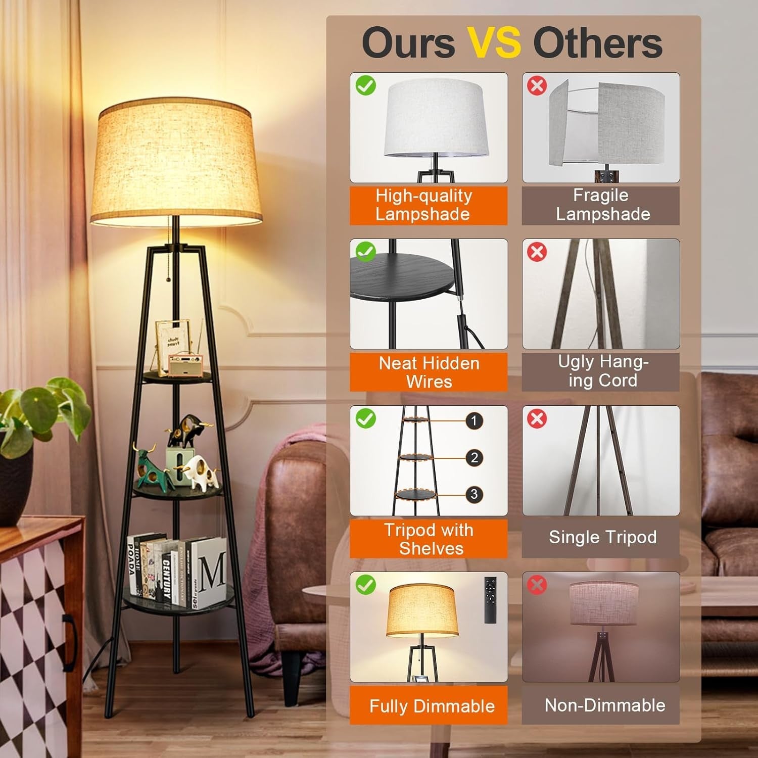 Tripod Floor Lamp with Shelves Remote Dimmable 4 Color Temps Timer Black