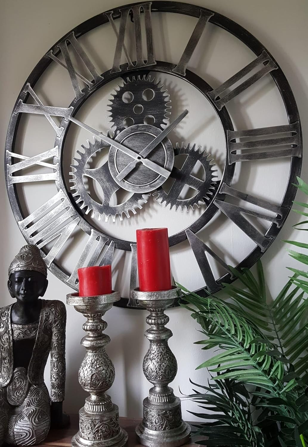 76cm Industrial Metal Gear Wall Clock - Rustic Silver Skeleton Roman Numerals V