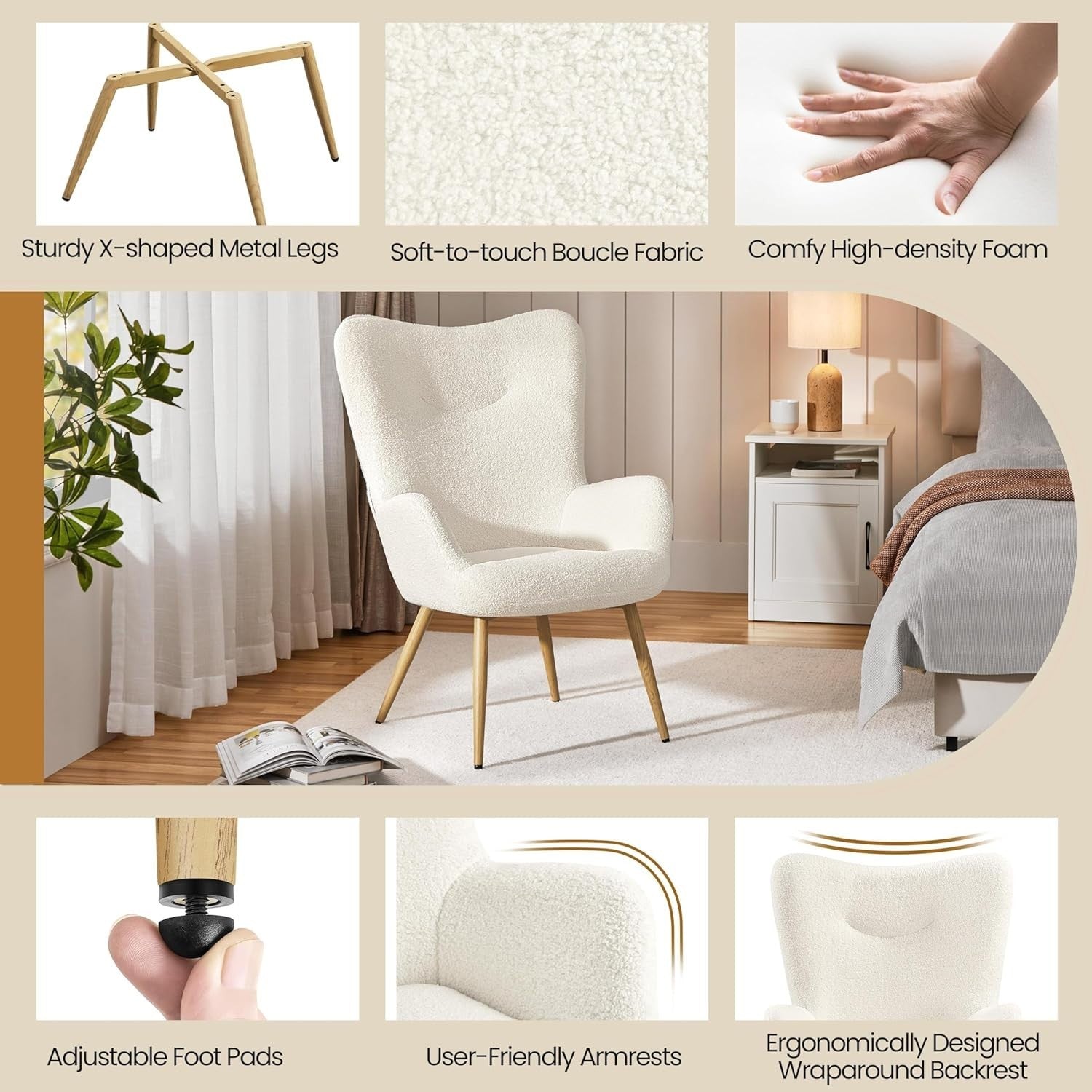 Cozy Sherpa Fuzzy Tub Chair with High Back & Wooden Legs for Living Room