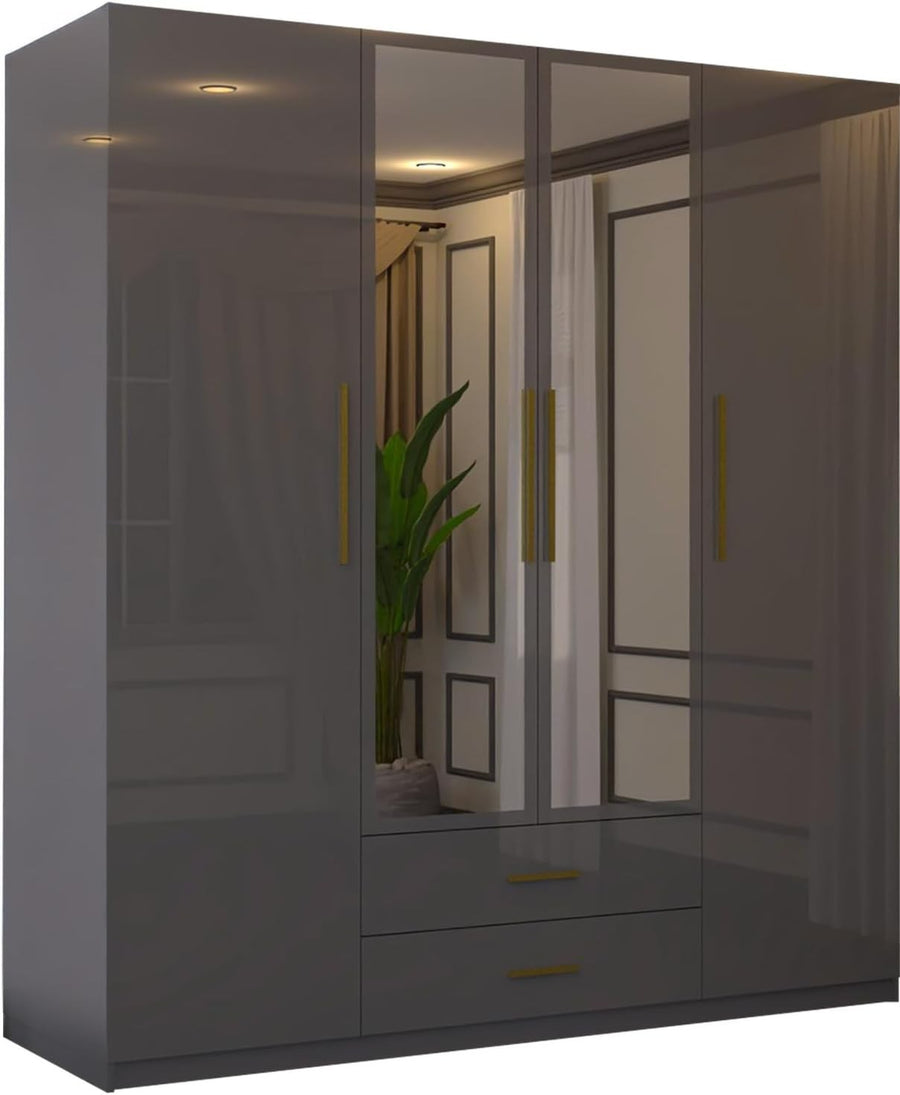 160cm Grey High Gloss Wardrobe with Mirror, Drawers & Hanging Rail Storage