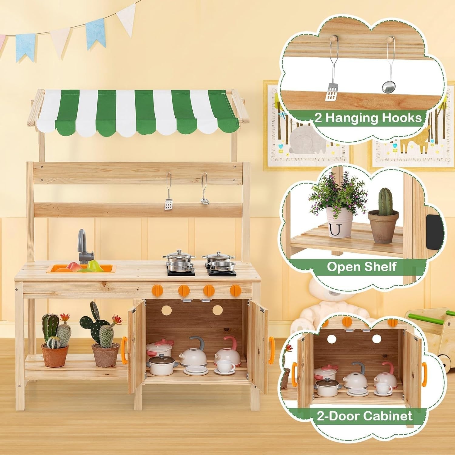 Outdoor Mud Kitchen Kids Wooden Playset Canopy Sink Stove Toy