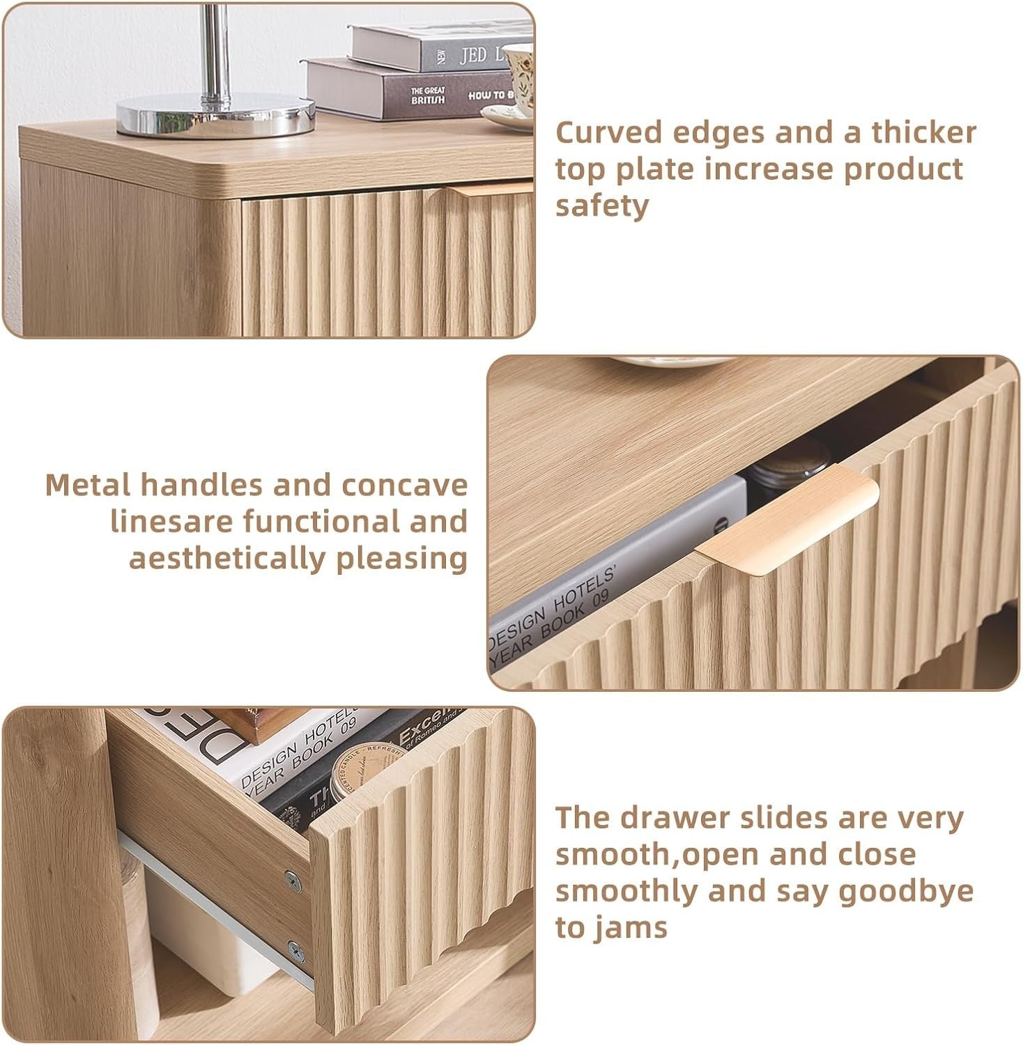 Natural Fluted Bedside Table with Drawer Modern Wood Nightstand Storage Unit