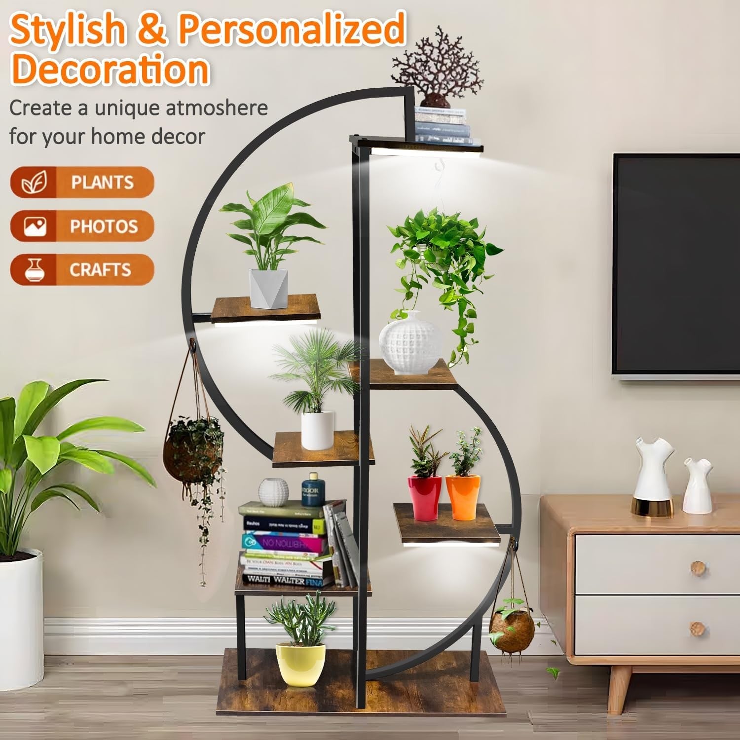 7 Tier Metal Plant Stand S Shape Tall Indoor Outdoor Flower Shelf with Lights